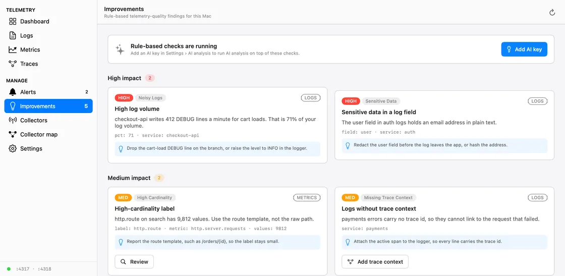 The Linting page in Loggerhead. Five findings: a high log volume on checkout-api, an email address in an auth log field, a high-cardinality http.route label, payments logs without trace context, and a stale queue.depth metric. Each finding carries a written fix.