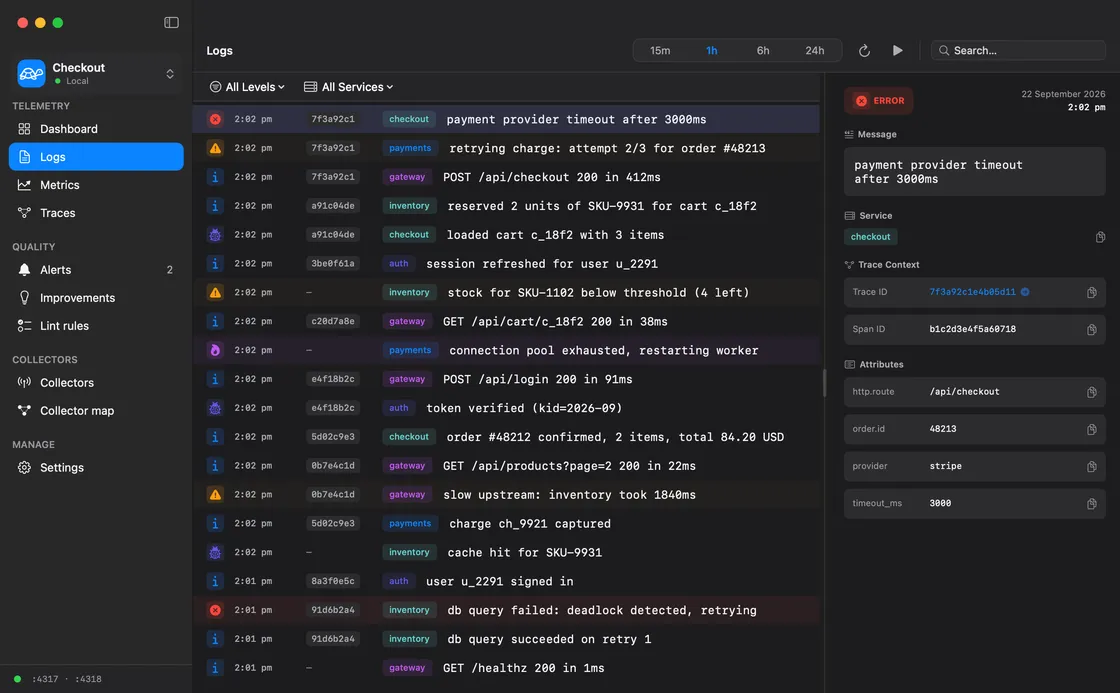 The Loggerhead Logs page. The sidebar lists Dashboard, Logs, Metrics, and Traces under Telemetry, then Alerts, Improvements, and Lint rules under Quality. The log list shows lines from five services with severity icons, trace IDs, and service badges, and the detail pane shows the selected error with its trace context and attributes.